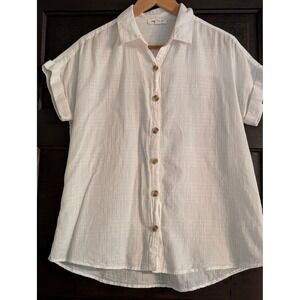 Beachlunchlounge White Cotton Textured Short Sleeve Button Down Shirt Medium